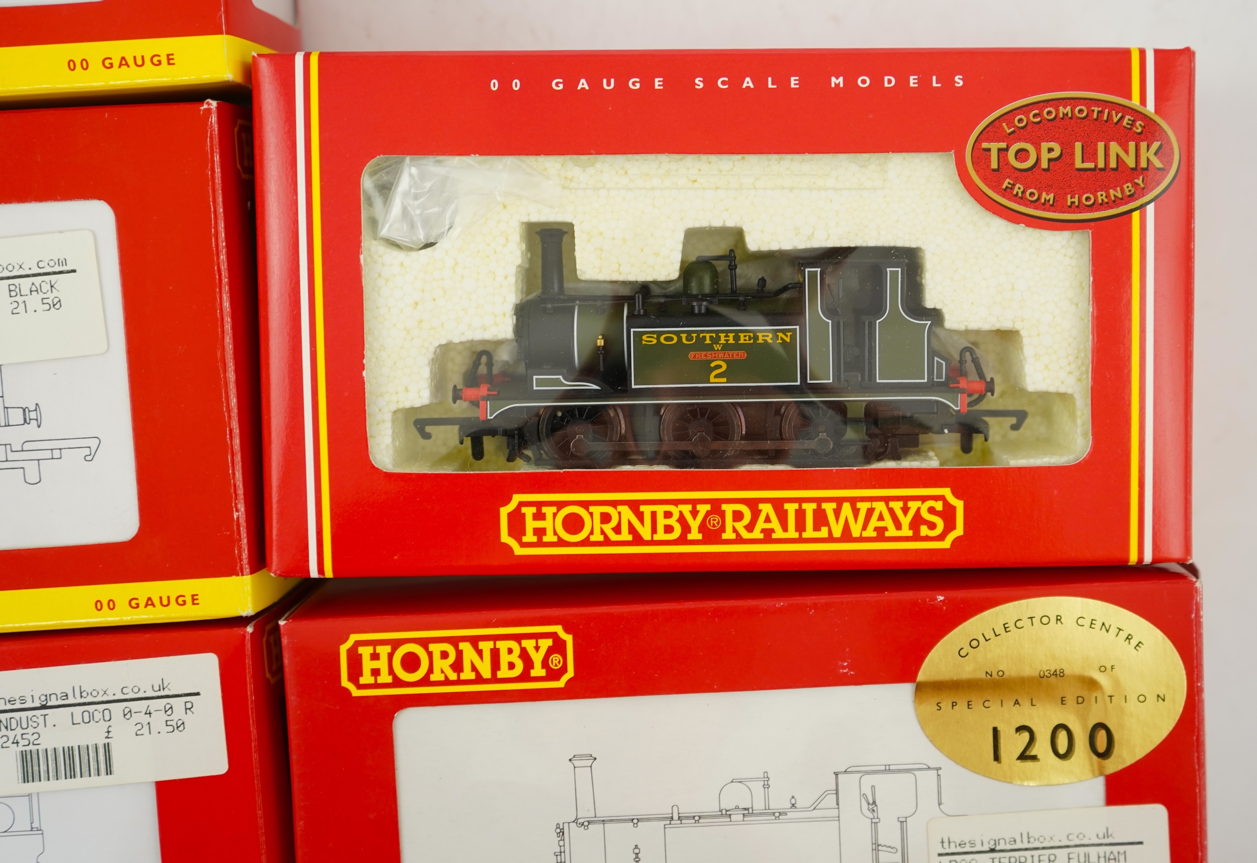 Five boxed Hornby Railways 00 gauge railway tank locomotives; an SR class A1X Terrier, Freshwater 2, (R2063), an LBSCR Terrier, Fulham 44, (R2605), an SR 0-4-0T industrial locomotive, 7, (R2439), a Lion Works 0-4-0T indu